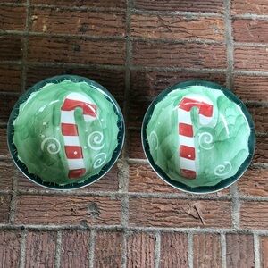 Set of 2 Hand Painted Holiday Candy Cane 8.5” Soup or Cereal Bowls by Studio 33